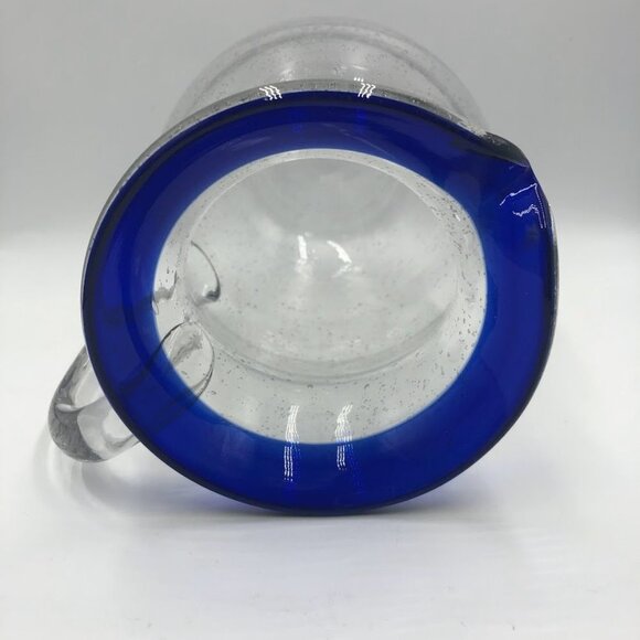 Cobalt Blue Rim Handblown Glass Pitcher With Handle Kitchen Drinkware - Picture 11 of 13